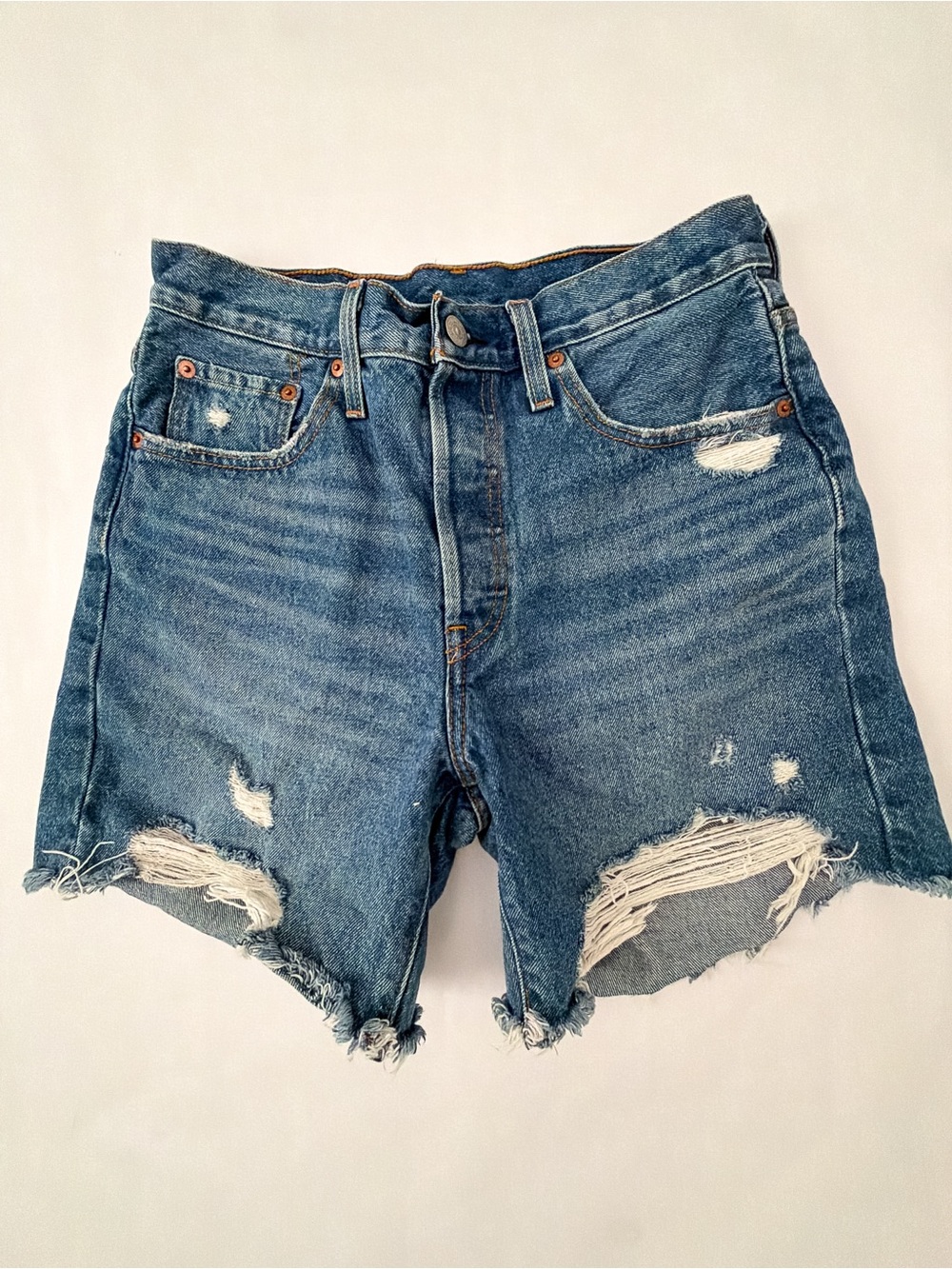 Levi’s 501 Distressed Denim Cutoff Shorts High Rise Raw Hem Medium Wash